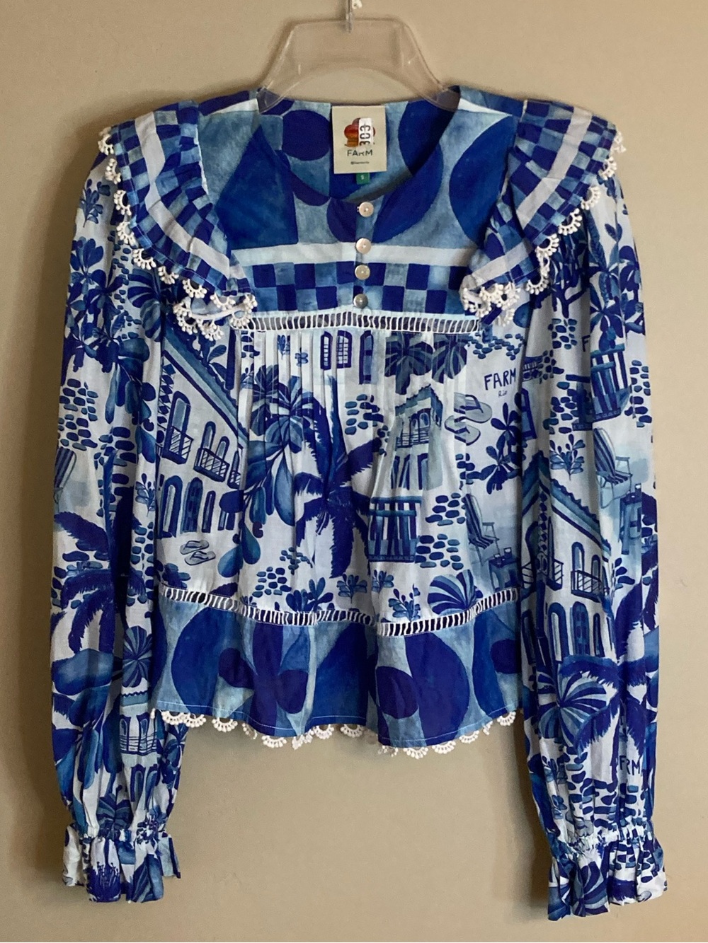 FARM Rio Sweet Rio Mix Print Set Blouse Skirt Tropical Ruffle Lace Blue White M - Picture 7 of 16